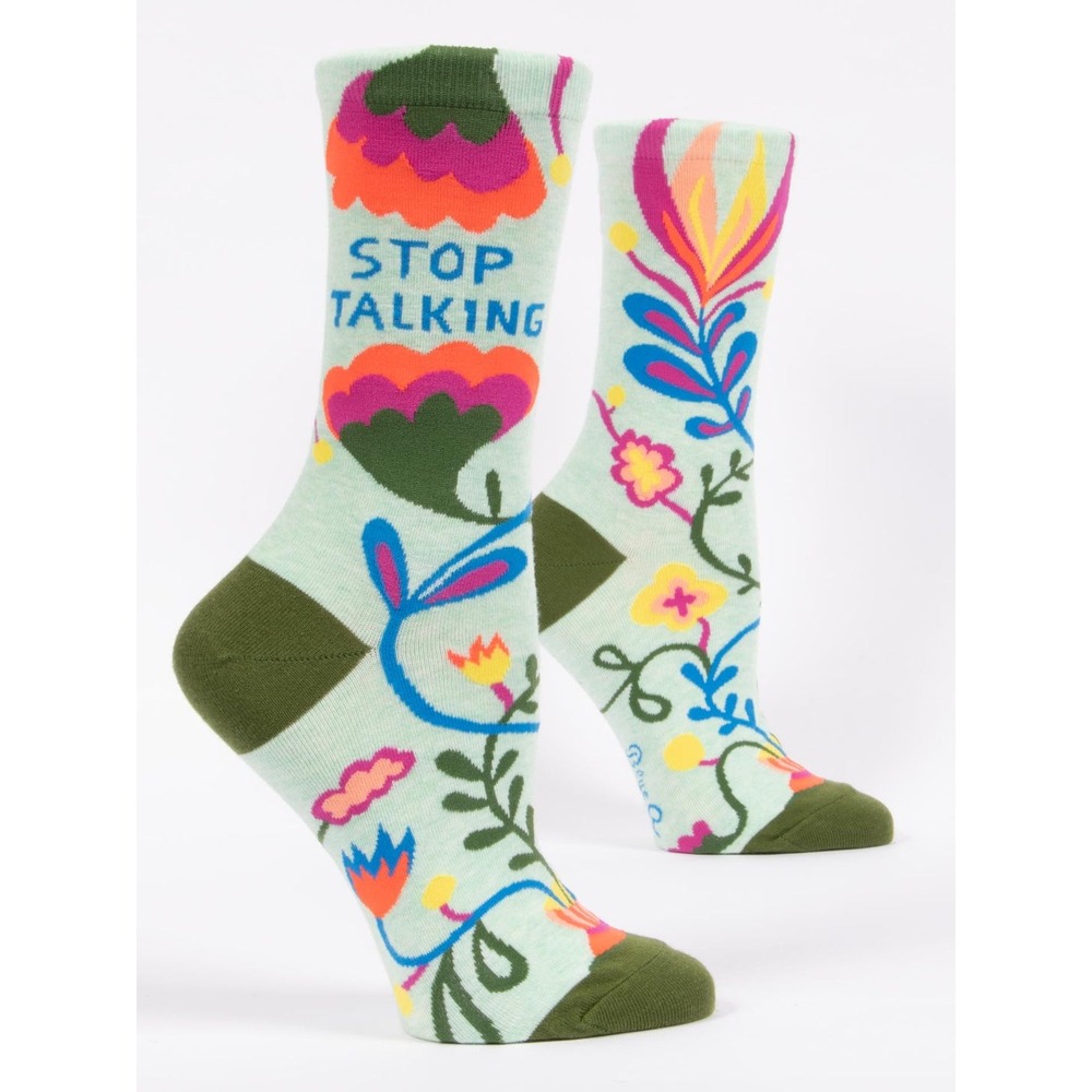 Blue Q Stop Talking Women Crew Socksโ Floral Novelty Cotton Blend Blue SW467 NEW